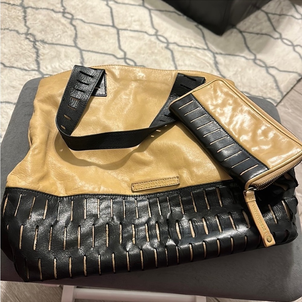 BCBG MAXAZRIA Leather Tote Bag Color Block Cream/Black Handbag Laser Cut Accent